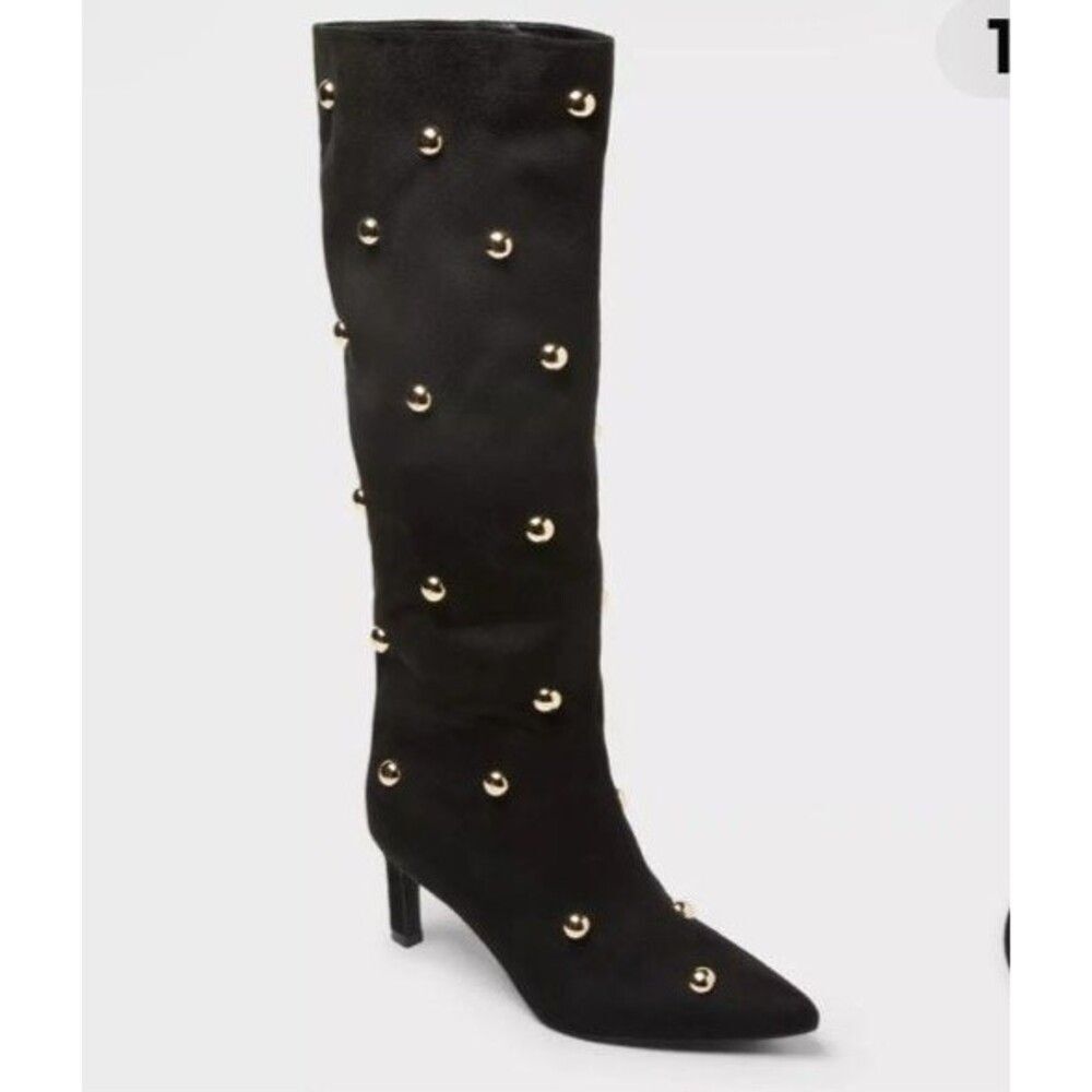 Faux Suede Studded Knee High Heel Riveted Black Boots, Memory Foam Insole Sz 7